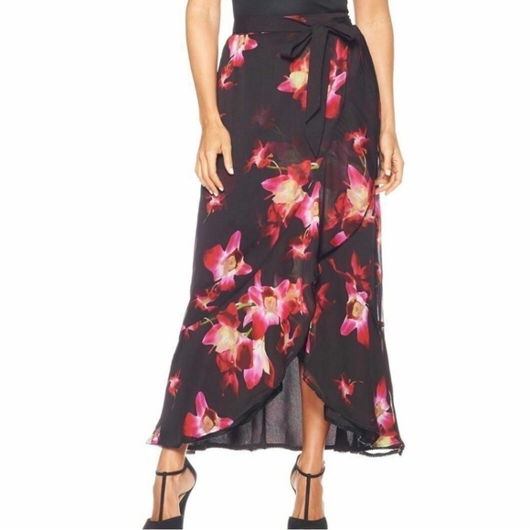 Badgley Mischka High Low Maxi Skirt Size XS Reversible Floral Print/Black Flowy - Picture 1 of 13